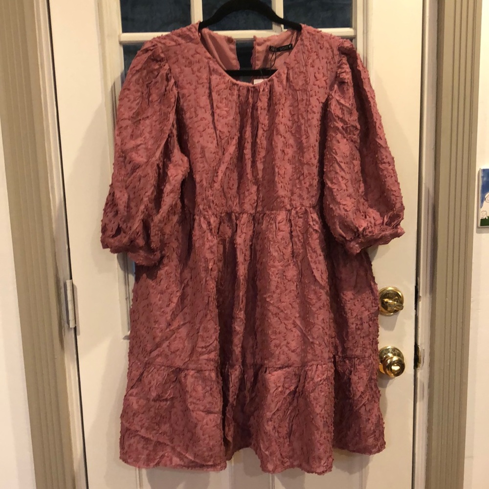 Zara Mauve Pink Textured Floral Boho Peasant A Line Flutter Dress NWT Size XL